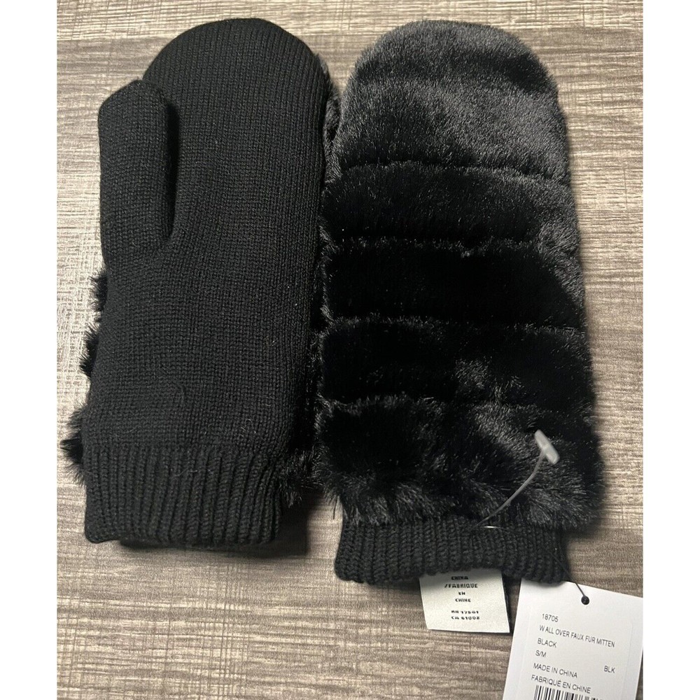 UGG All Over Faux Fur Mittens Womens Glove Black Size S/M P/M NEW